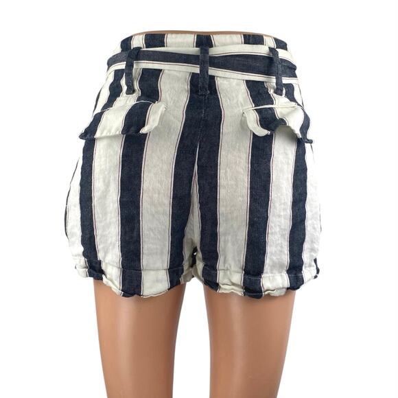 Frame 100% Linen Navy White Striped High Waisted Belted Mini Wide Leg Shorts 0 - Picture 3 of 5